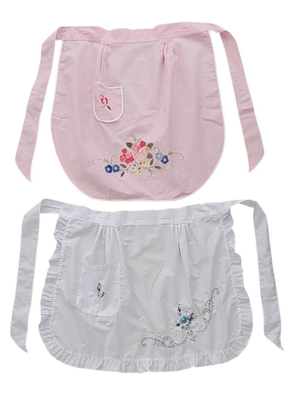 Lot of 2 Floral Embroidered Half Aprons Pink White Cottagecore Farmhouse